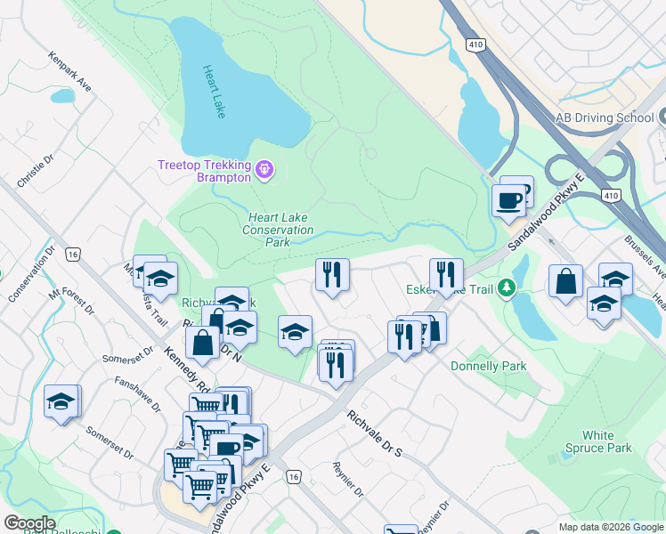 map of restaurants, bars, coffee shops, grocery stores, and more near 96 Royal Palm Drive in Brampton