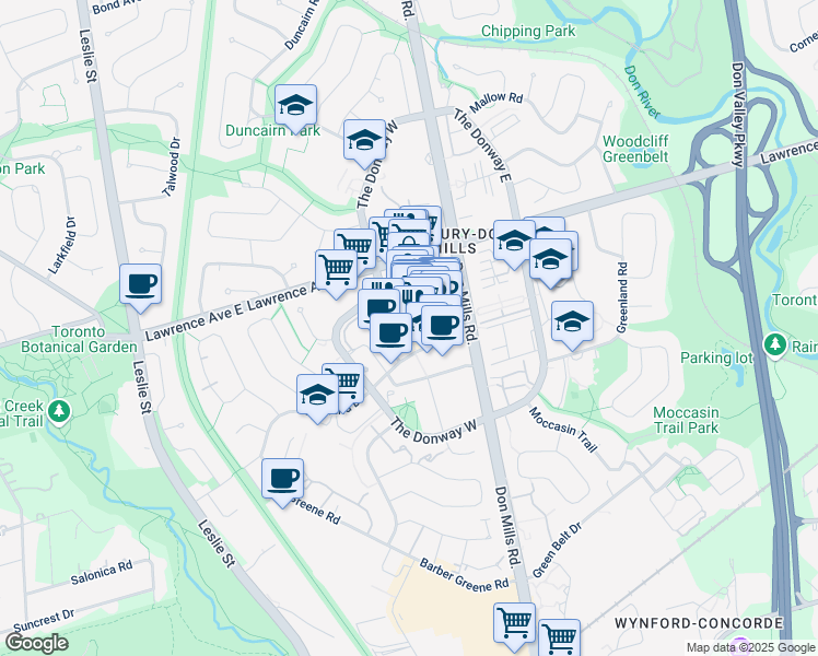 map of restaurants, bars, coffee shops, grocery stores, and more near 14 Aggie Hogg Gardens in Toronto