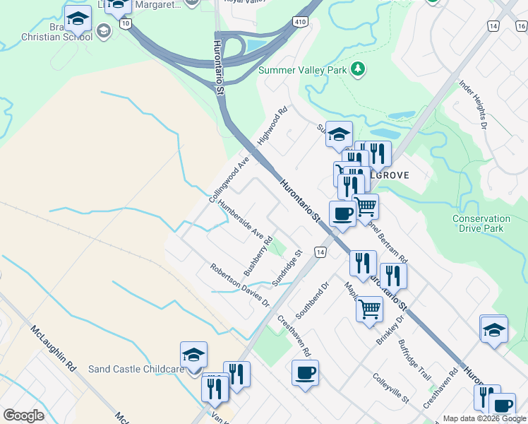 map of restaurants, bars, coffee shops, grocery stores, and more near 46 Lakefield Road in Brampton