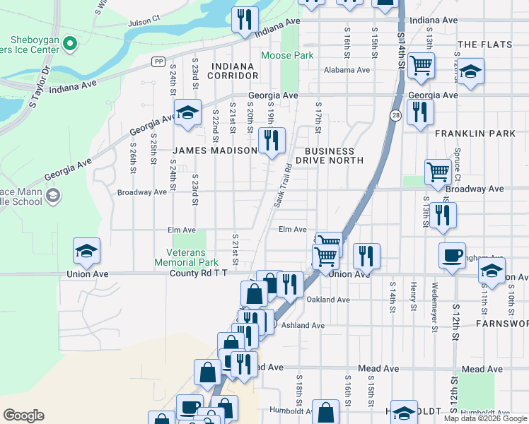 map of restaurants, bars, coffee shops, grocery stores, and more near 1919 Broadway Avenue in Sheboygan