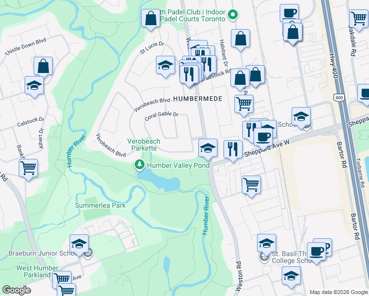 map of restaurants, bars, coffee shops, grocery stores, and more near 18 Florida Crescent in Toronto