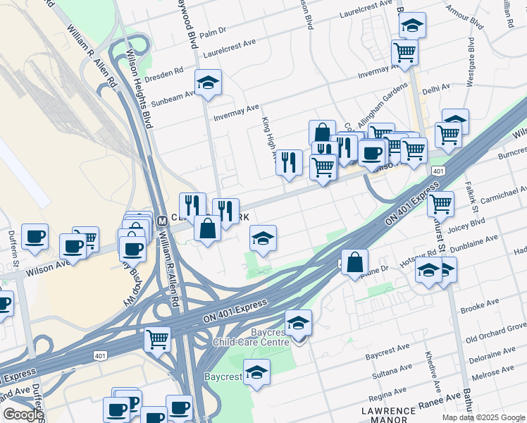 map of restaurants, bars, coffee shops, grocery stores, and more near in Toronto