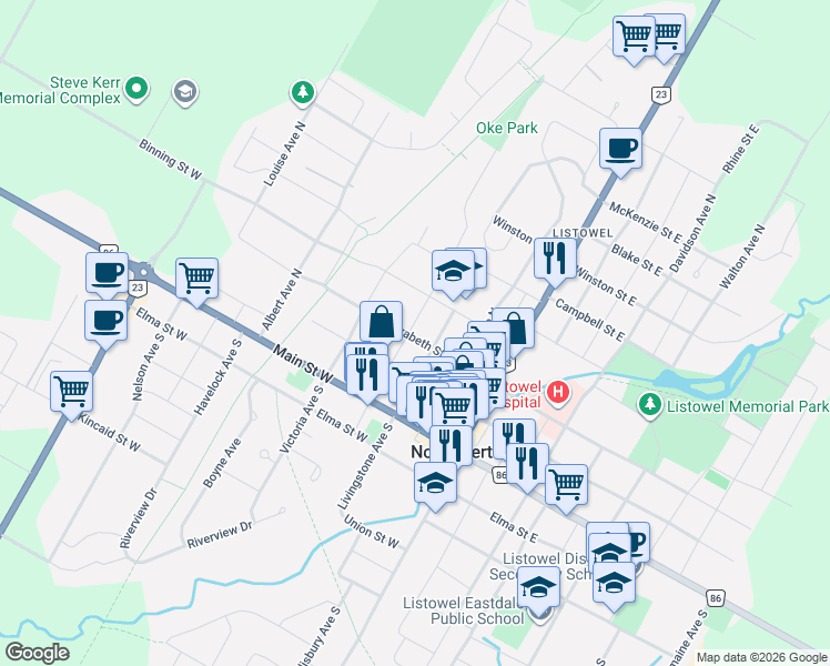 map of restaurants, bars, coffee shops, grocery stores, and more near 375 Barber Avenue North in Listowel