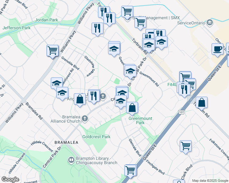 map of restaurants, bars, coffee shops, grocery stores, and more near 61 Brown's Lane in Brampton