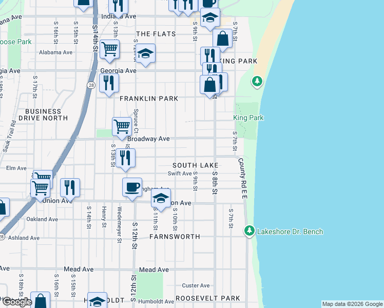 map of restaurants, bars, coffee shops, grocery stores, and more near 919 Broadway Avenue in Sheboygan