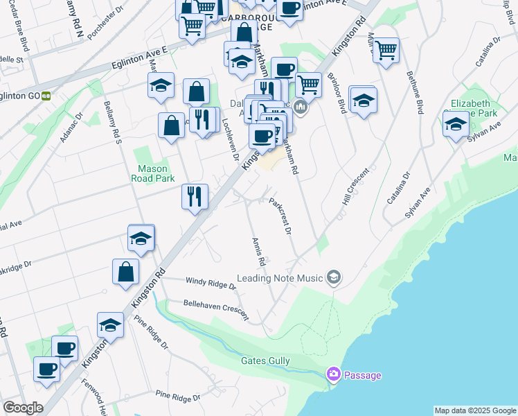 map of restaurants, bars, coffee shops, grocery stores, and more near 24 Parkcrest Drive in Toronto