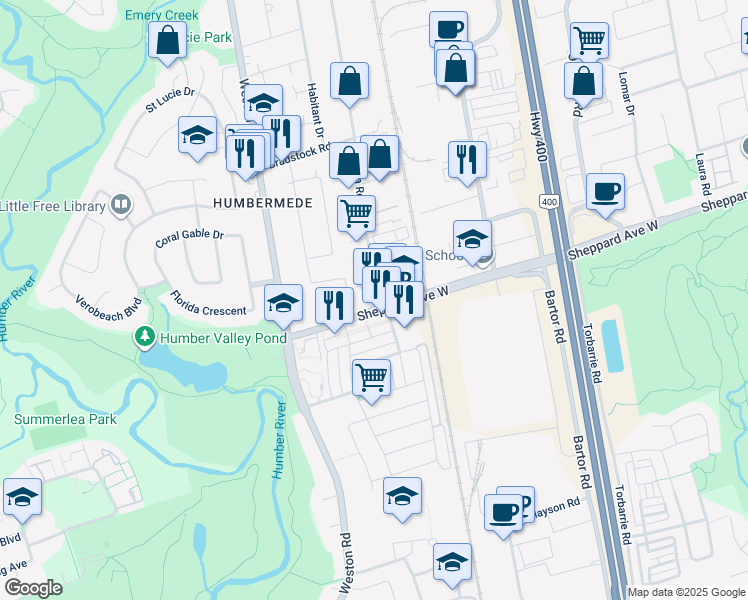 map of restaurants, bars, coffee shops, grocery stores, and more near in Toronto