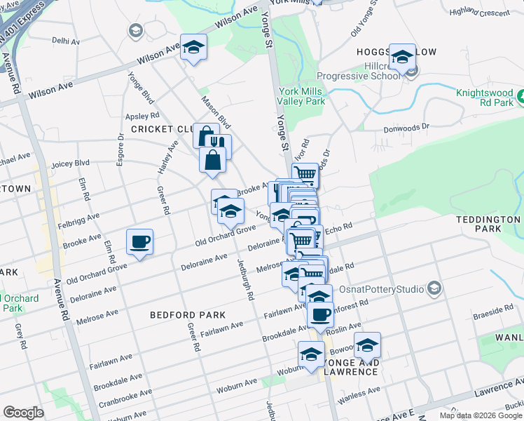 map of restaurants, bars, coffee shops, grocery stores, and more near in Toronto