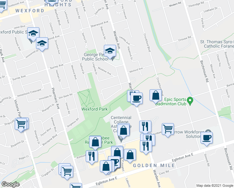 map of restaurants, bars, coffee shops, grocery stores, and more near 102 Marble Arch Crescent in Toronto
