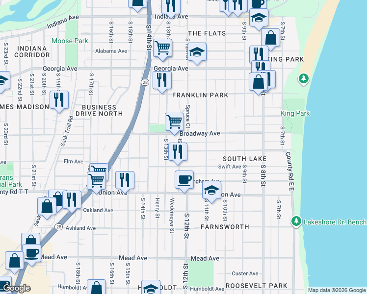 map of restaurants, bars, coffee shops, grocery stores, and more near 1705 South 12th Street in Sheboygan