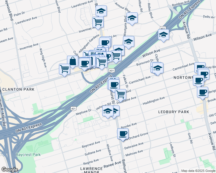 map of restaurants, bars, coffee shops, grocery stores, and more near 7 Stadacona Drive in Toronto