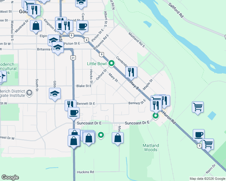 map of restaurants, bars, coffee shops, grocery stores, and more near 260 Martha Street in Goderich