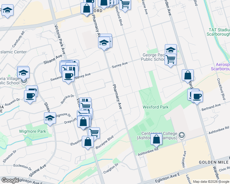 map of restaurants, bars, coffee shops, grocery stores, and more near 964 Pharmacy Avenue in Toronto
