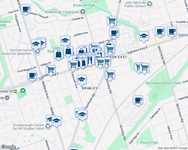 map of restaurants, bars, coffee shops, grocery stores, and more near 45 Century Drive in Toronto