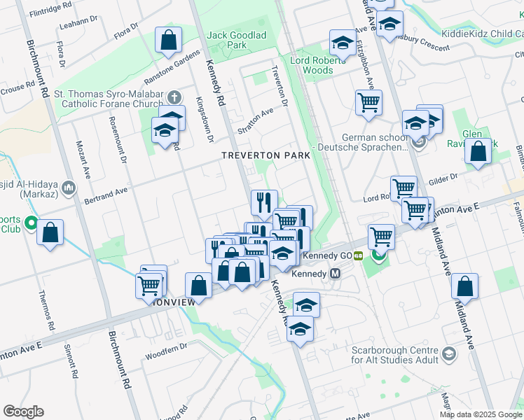 map of restaurants, bars, coffee shops, grocery stores, and more near 821 Kennedy Road in Toronto