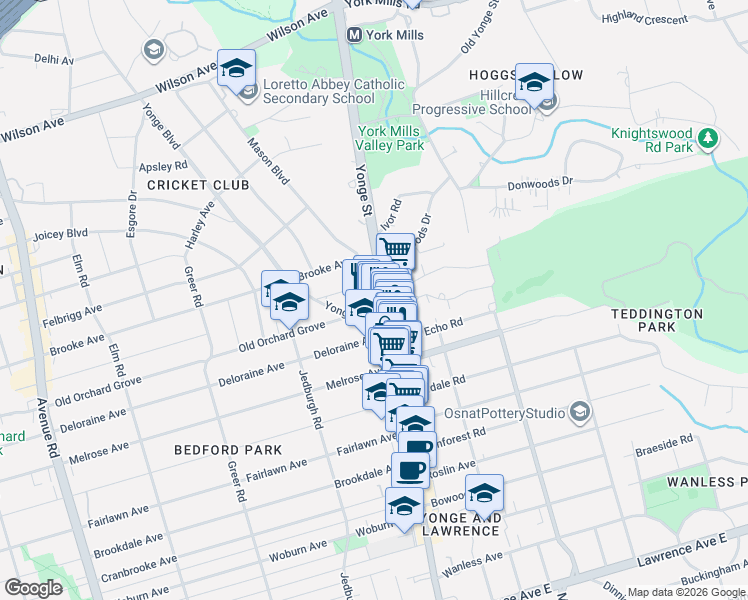 map of restaurants, bars, coffee shops, grocery stores, and more near 3474 Yonge Street in Toronto