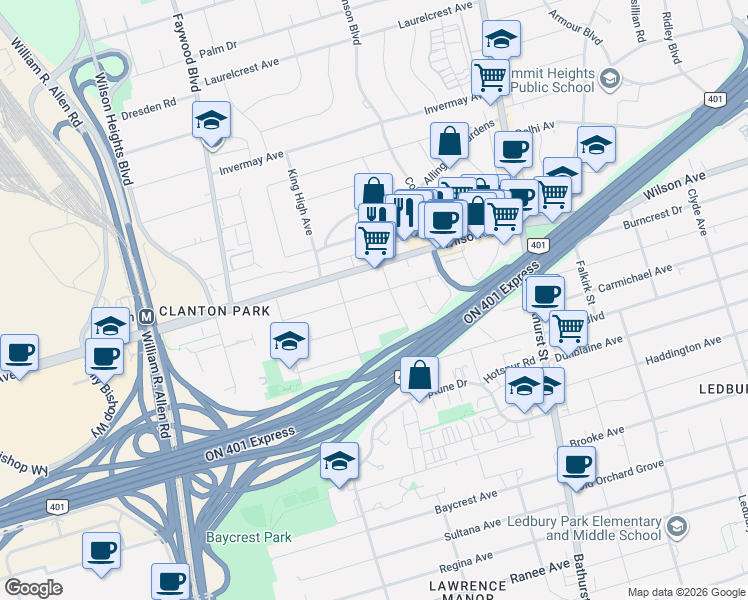 map of restaurants, bars, coffee shops, grocery stores, and more near in Toronto