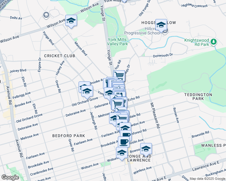 map of restaurants, bars, coffee shops, grocery stores, and more near 3464 Yonge Street in Toronto