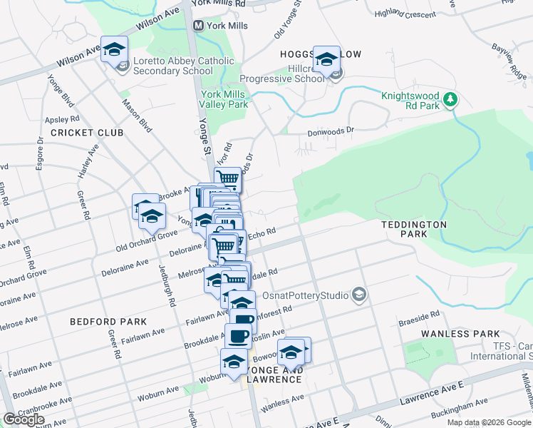 map of restaurants, bars, coffee shops, grocery stores, and more near Doncliffe Drive in Toronto