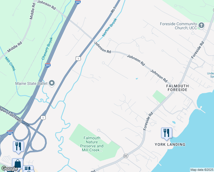 map of restaurants, bars, coffee shops, grocery stores, and more near 20 Northbrook Drive in Falmouth