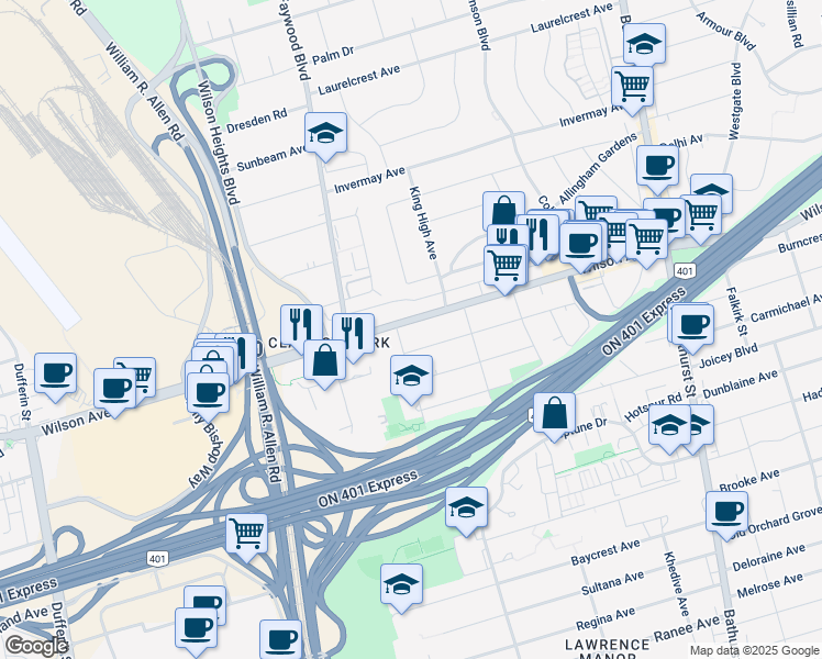 map of restaurants, bars, coffee shops, grocery stores, and more near in Toronto