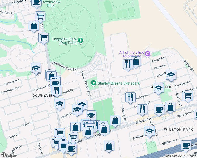 map of restaurants, bars, coffee shops, grocery stores, and more near 105 Frederick Tisdale Drive in Toronto