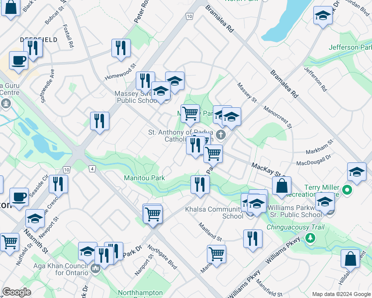 map of restaurants, bars, coffee shops, grocery stores, and more near 1 Morley Crescent in Brampton