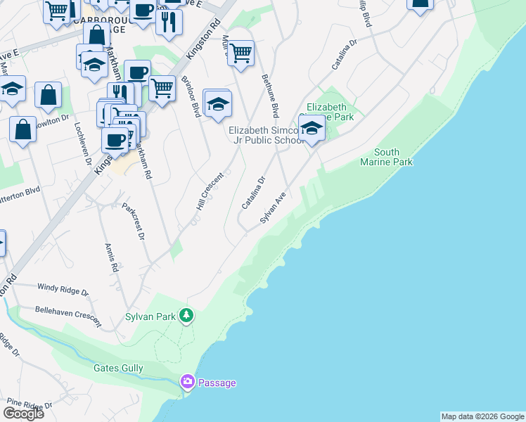 map of restaurants, bars, coffee shops, grocery stores, and more near 116 Sylvan Avenue in Toronto