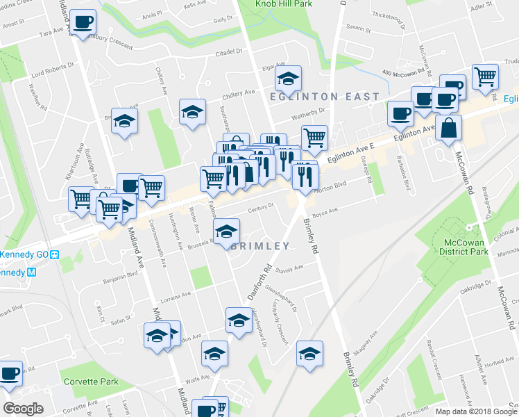 map of restaurants, bars, coffee shops, grocery stores, and more near 37 Century Drive in Toronto
