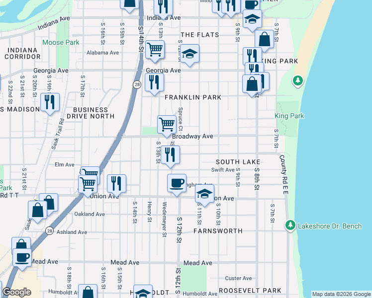 map of restaurants, bars, coffee shops, grocery stores, and more near 1111 Broadway Avenue in Sheboygan