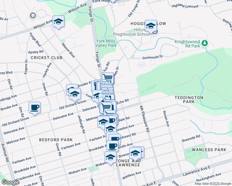 map of restaurants, bars, coffee shops, grocery stores, and more near 7 Doncliffe Drive in Toronto