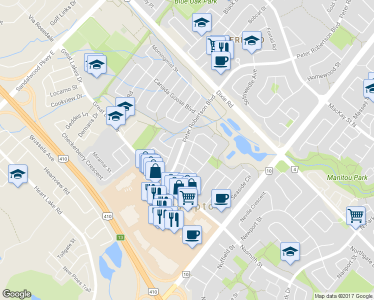 map of restaurants, bars, coffee shops, grocery stores, and more near 22 Marine Drive in Brampton