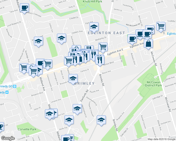 map of restaurants, bars, coffee shops, grocery stores, and more near 45 Century Drive in Toronto