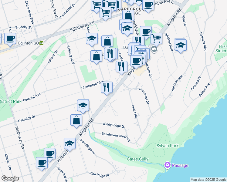 map of restaurants, bars, coffee shops, grocery stores, and more near Kingston Road in Toronto