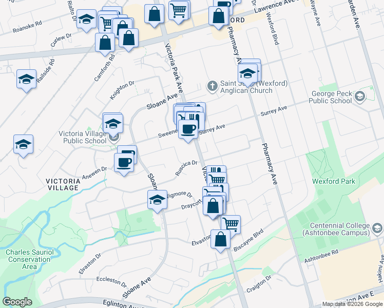 map of restaurants, bars, coffee shops, grocery stores, and more near 1704 Victoria Park Avenue in Toronto