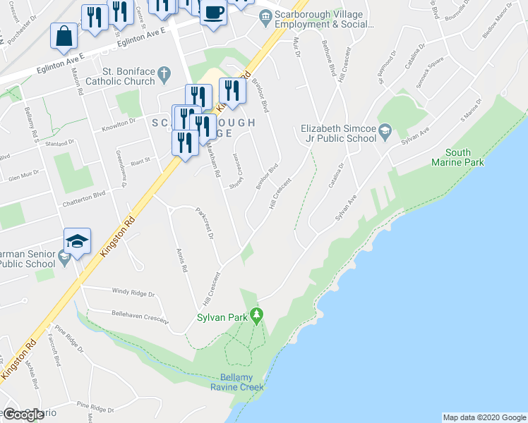 map of restaurants, bars, coffee shops, grocery stores, and more near in Toronto