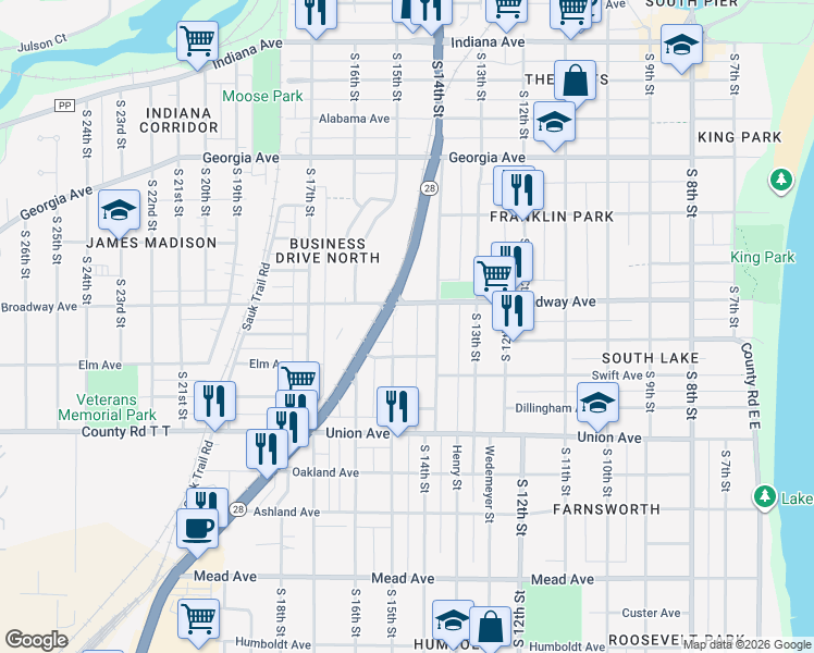 map of restaurants, bars, coffee shops, grocery stores, and more near 1709 South 15th Street in Sheboygan