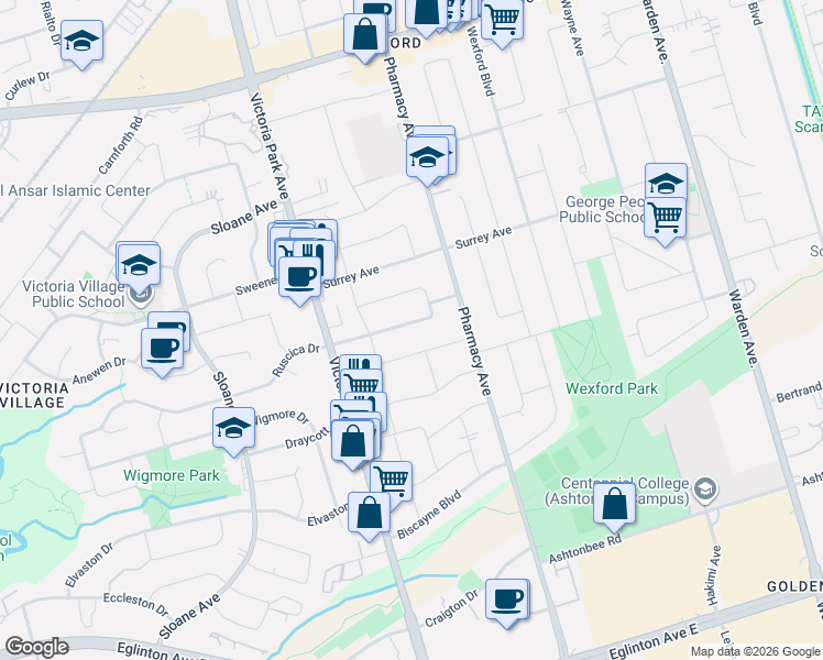 map of restaurants, bars, coffee shops, grocery stores, and more near 27 Innismore Crescent in Toronto