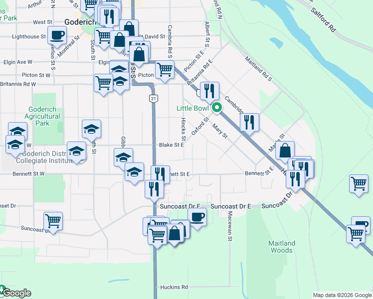 map of restaurants, bars, coffee shops, grocery stores, and more near 235 Hincks Street in Goderich