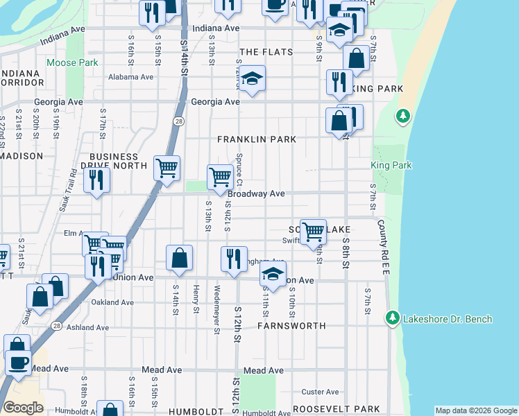 map of restaurants, bars, coffee shops, grocery stores, and more near 1111 Broadway Avenue in Sheboygan