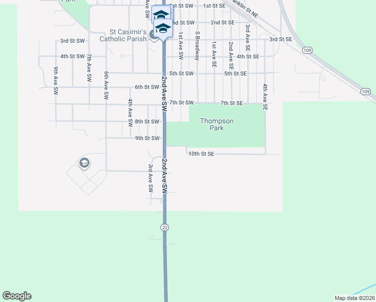 map of restaurants, bars, coffee shops, grocery stores, and more near 115 10th Street Southeast in Wells