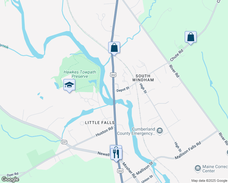 map of restaurants, bars, coffee shops, grocery stores, and more near 16 Main Street in Windham