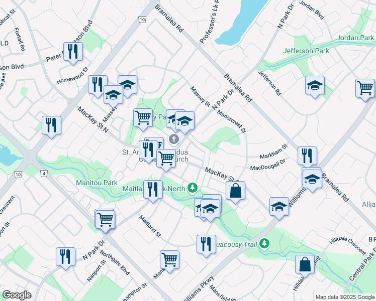 map of restaurants, bars, coffee shops, grocery stores, and more near in Brampton