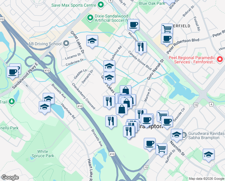 map of restaurants, bars, coffee shops, grocery stores, and more near Great Lakes Drive in Brampton