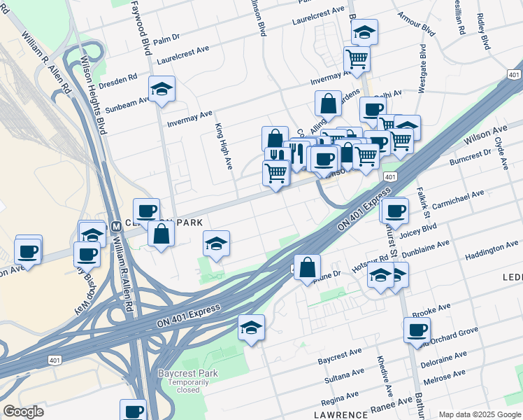 map of restaurants, bars, coffee shops, grocery stores, and more near in Toronto