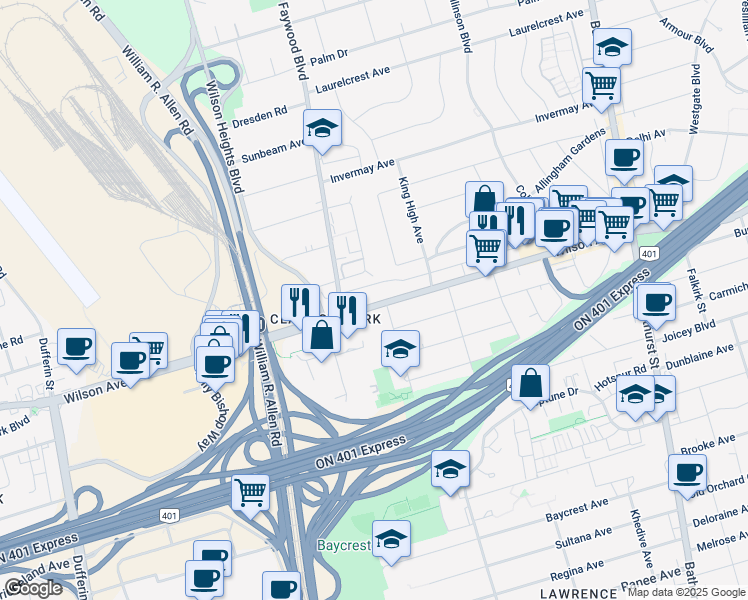 map of restaurants, bars, coffee shops, grocery stores, and more near 500 Wilson Avenue in Toronto