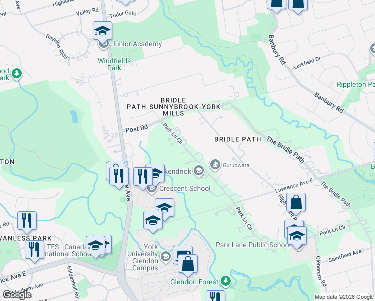 map of restaurants, bars, coffee shops, grocery stores, and more near 15 Park Lane Circle in Toronto