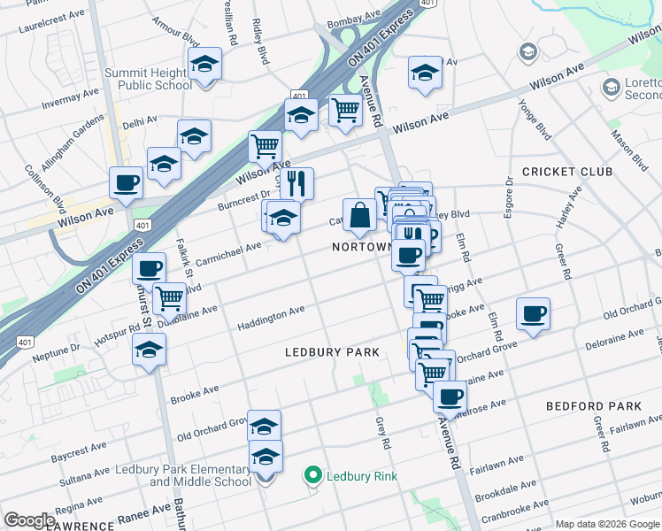 map of restaurants, bars, coffee shops, grocery stores, and more near 86 Dunblaine Avenue in Toronto