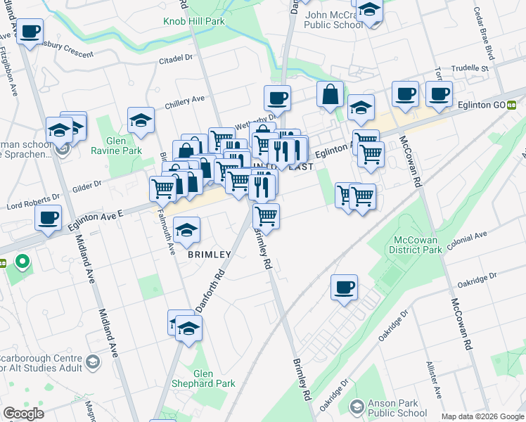 map of restaurants, bars, coffee shops, grocery stores, and more near 1071 Danforth Road in Toronto
