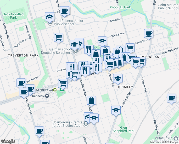 map of restaurants, bars, coffee shops, grocery stores, and more near 2530 Eglinton Avenue West in Toronto